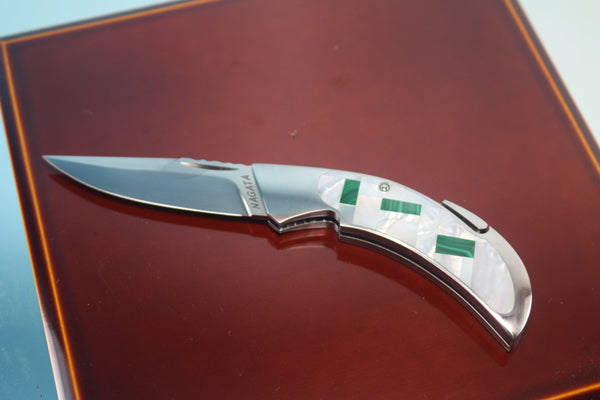 Ikuo Nagata IN-70 RWL-34 Back-Lock Folder, Mosaic White MOP & Malachite Handle