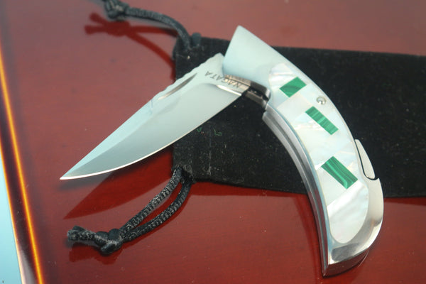 Ikuo Nagata IN-70 RWL-34 Back-Lock Folder, Mosaic White MOP & Malachite Handle