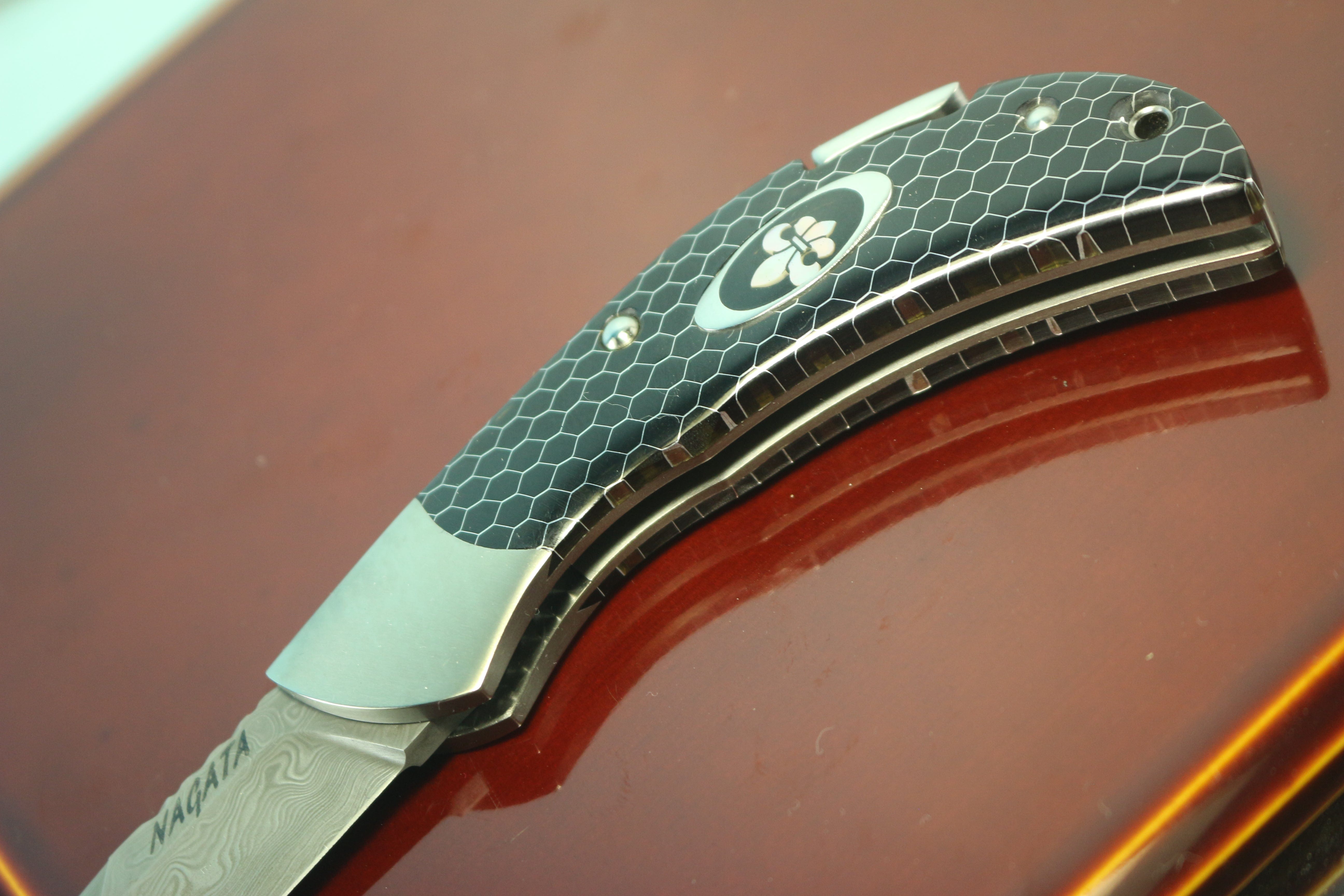 Back Lock Folder Ikuo Nagata IN-85 Stainless Damascus Back-Lock Folder, C-Tek Honeycomb