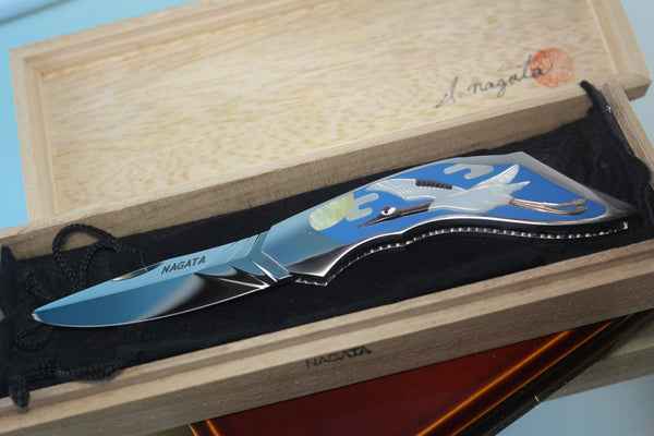 Ikuo Nagata IN-95 ATS-34 Back-Lock Folder, Raden (螺鈿) Art Red Crowned Crane Motif Handle