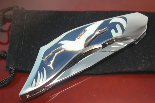 Ikuo Nagata IN-95 ATS-34 Back-Lock Folder, Raden (螺鈿) Art Red Crowned Crane Motif Handle