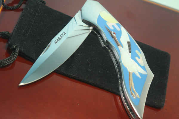 Ikuo Nagata IN-95 ATS-34 Back-Lock Folder, Raden (螺鈿) Art Red Crowned Crane Motif Handle