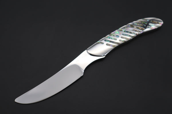 Koji Hara KH-540 M-390 Perfect Mirror Polish, Custom Utility Steak Knife "Circle Abalone"