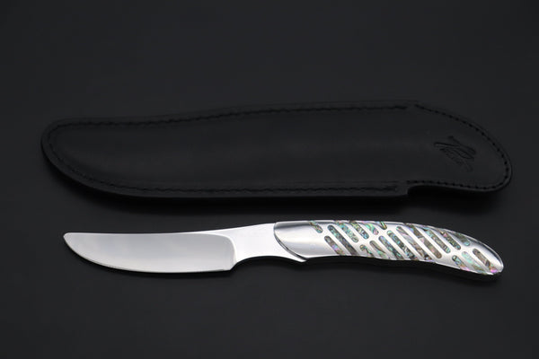 Koji Hara KH-540 M-390 Perfect Mirror Polish, Custom Utility Steak Knife "Circle Abalone"