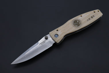 Mcusta SENGOKU Series MC-185D "UESUGI KENSHIN" VG-10 Damascus Blade with White Micarta Handle (Now with Pocket Clip) - JapaneseKnifeDirect.Com