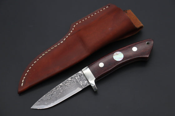 Mr. Itou  IT-1000 Drop Point Hunter, 3.5" R-2 Damascus Blade, Stabilized Lacewood Handle with White Abalone inlay