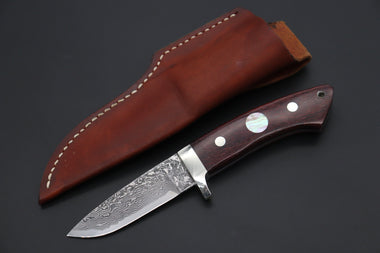 Mr. Itou  IT-1000 Drop Point Hunter, 3.5" R-2 Damascus Blade, Stabilized Lacewood Handle with White Abalone inlay
