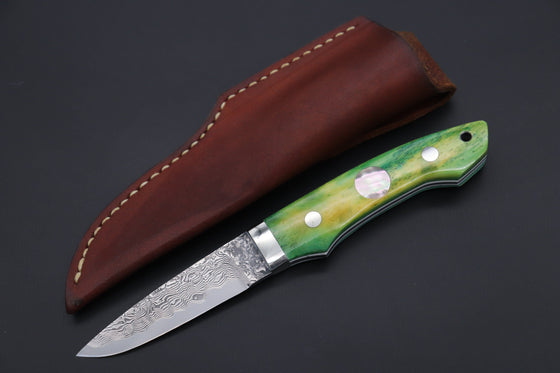 Mr. Itou  IT-1010 Drop Point Utility Hunter, 3.4" R-2 Damascus Blade,Green Camelbone Handle