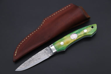 Mr. Itou  IT-1010 Drop Point Utility Hunter, 3.4" R-2 Damascus Blade,Green Camelbone Handle