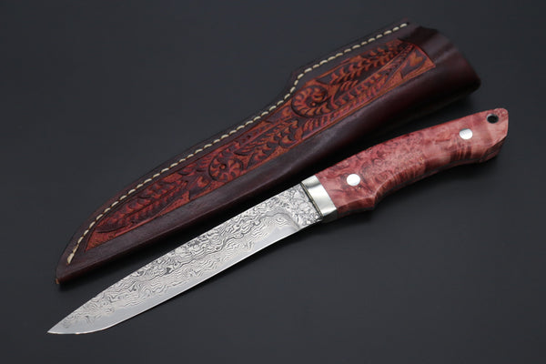 Mr. Itou IT-200 Custom R-2 Damascus 6" Drop-point Hunter, Maple Burl wood Handle