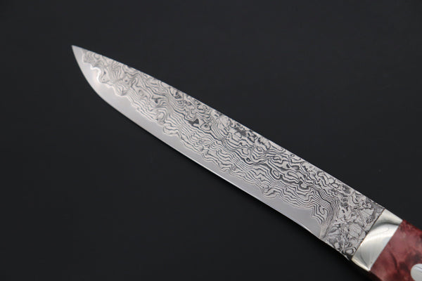 Mr. Itou IT-200 Custom R-2 Damascus 6" Drop-point Hunter, Maple Burl wood Handle