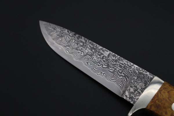 Mr. Itou IT-210A Custom R-2 Damascus 4-1/4" Drop-point Hunter, Golden Color Maple Burl wood Handle