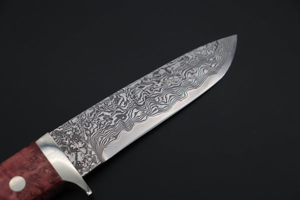 Mr. Itou  IT-210B   Custom R-2 Damascus 4-1/4" Drop-point Hunter, Red Color Maple Burl wood Handle