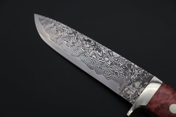 Mr. Itou  IT-210B   Custom R-2 Damascus 4-1/4" Drop-point Hunter, Red Color Maple Burl wood Handle