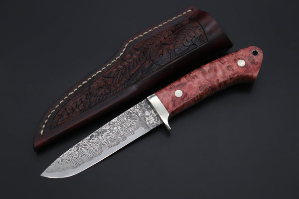 Mr. Itou  IT-210B   Custom R-2 Damascus 4-1/4" Drop-point Hunter, Red Color Maple Burl wood Handle