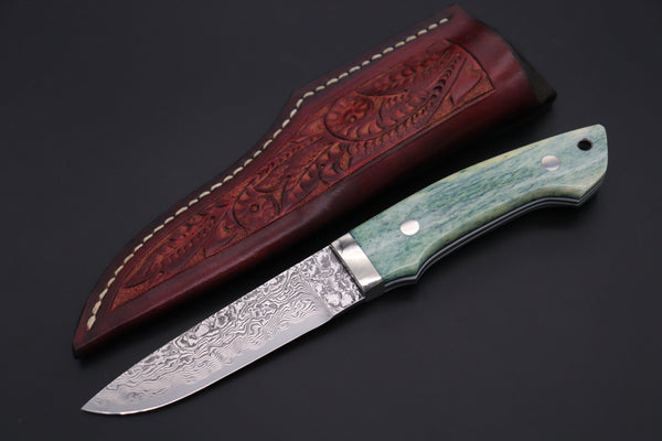 Mr. Itou  IT-400A Drop Point Hunter, 4-1/4" R2 Damascus Blade, Green Camel Bone Handle