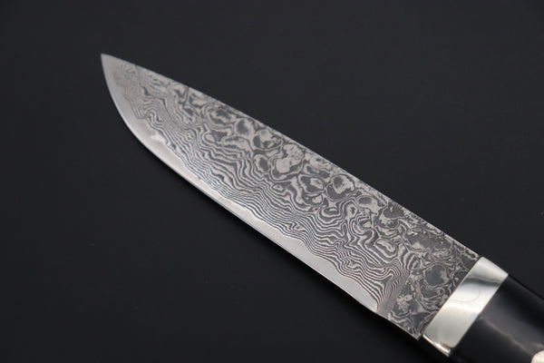 Mr. Itou  IT-400B Drop Point Hunter, 4-1/4" R2 Damascus Blade, Streaked Buffalo Horn Handle