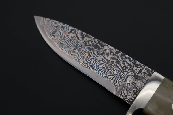 Mr. Itou  IT-410A Drop Point Hunter, 3-5/8" R2 Damascus Blade, Sheep Horn Handle