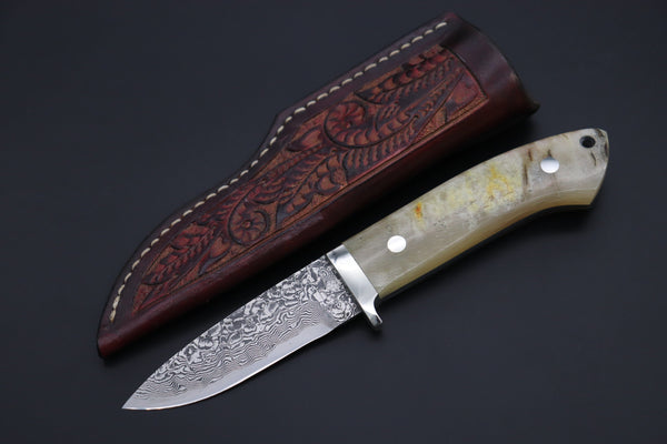 Mr. Itou  IT-410A Drop Point Hunter, 3-5/8" R2 Damascus Blade, Sheep Horn Handle