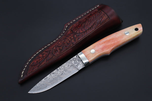 Mr. Itou IT-420A Drop Point Utility Hunter, 3-3/4" R-2 Damascus Blade, Orange Camelbone Handle