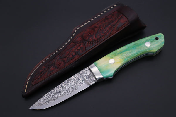 Mr. Itou  IT-430A Drop Point Utility Hunter, 3-1/2" R-2 Damascus Blade, Green Camelbone Handle