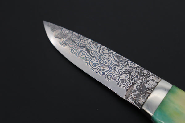 Mr. Itou  IT-430A Drop Point Utility Hunter, 3-1/2" R-2 Damascus Blade, Green Camelbone Handle