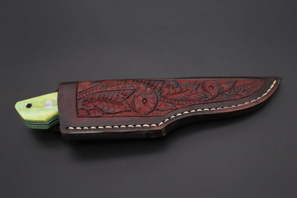 Mr. Itou  IT-430A Drop Point Utility Hunter, 3-1/2" R-2 Damascus Blade, Green Camelbone Handle