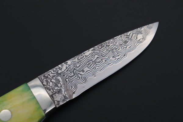 Mr. Itou  IT-430A Drop Point Utility Hunter, 3-1/2" R-2 Damascus Blade, Green Camelbone Handle