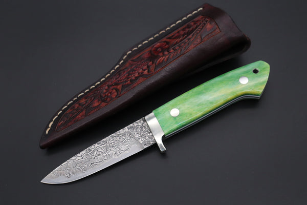 Mr. Itou IT-430B Drop Point Utility Hunter, 3-1/2" R2 Damascus Blade, Green Camelbone Handle