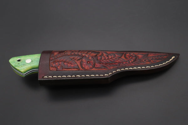 Mr. Itou IT-430B Drop Point Utility Hunter, 3-1/2" R2 Damascus Blade, Green Camelbone Handle