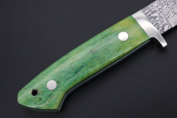 Mr. Itou IT-430B Drop Point Utility Hunter, 3-1/2" R2 Damascus Blade, Green Camelbone Handle