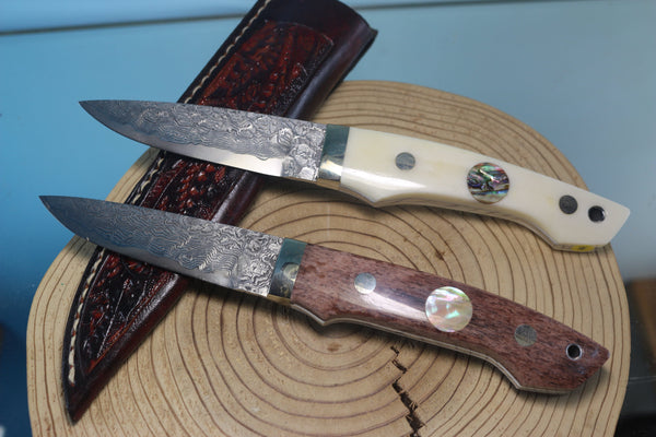 Mr. Itou  IT-450 Drop Point Utility Hunter, 3-5/8" R2 Damascus Blade, White or Brown Camelbone Handle