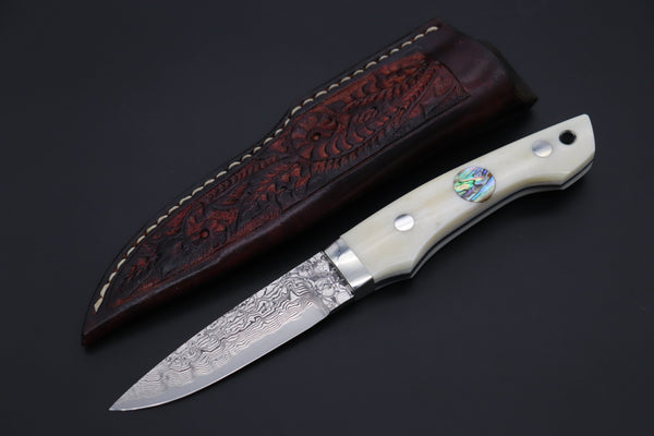 Mr. Itou  IT-450A Drop Point Utility Hunter, 3-5/8" R-2 Damascus Blade, White Camelbone Handle