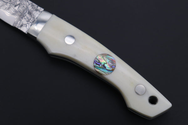 Mr. Itou  IT-450A Drop Point Utility Hunter, 3-5/8" R-2 Damascus Blade, White Camelbone Handle