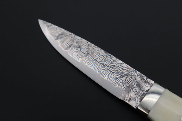 Mr. Itou  IT-450A Drop Point Utility Hunter, 3-5/8" R-2 Damascus Blade, White Camelbone Handle