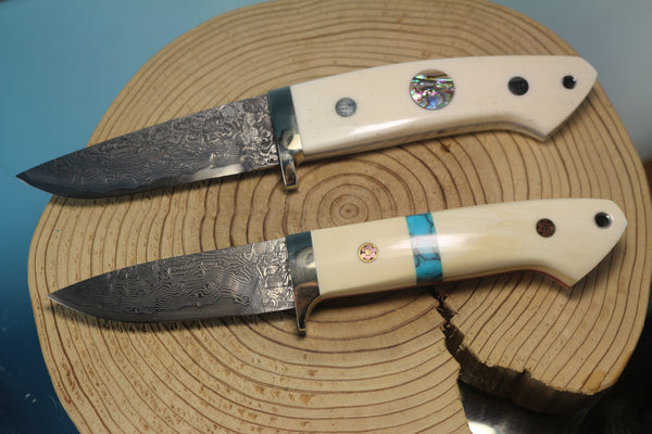 Mr. Itou  IT-460 Drop Point Hunter, R2 Damascus Blade, White Camelbone Handle with Abalone or Turquoise inlay