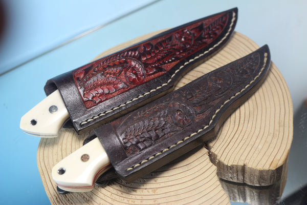 Mr. Itou  IT-460 Drop Point Hunter, R2 Damascus Blade, White Camelbone Handle with Abalone or Turquoise inlay