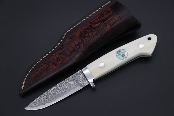 Mr. Itou  IT-460A Drop Point Hunter, 3-5/8" R2 Damascus Blade, White Camelbone Handle with Abalone inlay