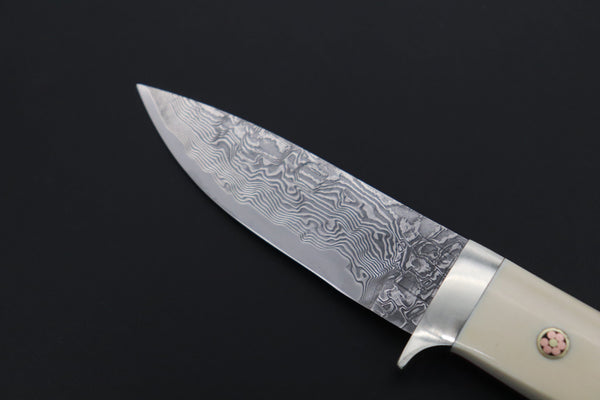 Mr. Itou  IT-460B Drop Point Hunter, 3-1/8" R-2 Damascus Blade, White Camelbone Handle with Turquoise inlay