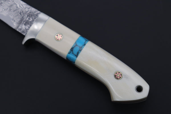 Mr. Itou  IT-460B Drop Point Hunter, 3-1/8" R-2 Damascus Blade, White Camelbone Handle with Turquoise inlay