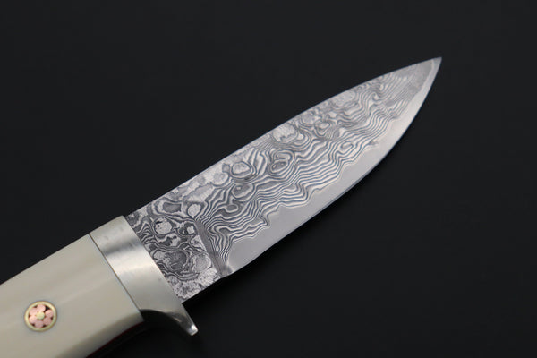 Mr. Itou  IT-460B Drop Point Hunter, 3-1/8" R-2 Damascus Blade, White Camelbone Handle with Turquoise inlay