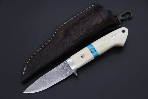 Mr. Itou  IT-460B Drop Point Hunter, 3-1/8" R-2 Damascus Blade, White Camelbone Handle with Turquoise inlay