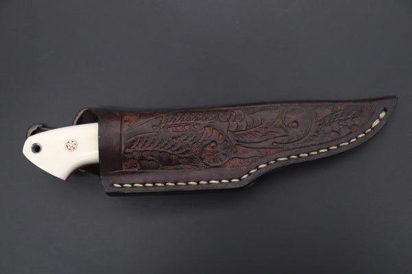 Mr. Itou  IT-460B Drop Point Hunter, 3-1/8" R-2 Damascus Blade, White Camelbone Handle with Turquoise inlay