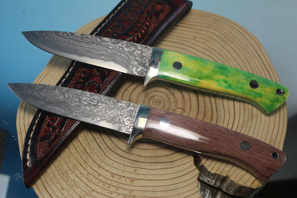 Mr. Itou  IT-470 Drop Point Hunter, 4" R2 Damascus Blade, Green or Brown Camelbone Handle