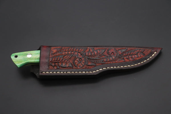 Mr. Itou  IT-470A Drop Point Hunter, 4" R2 Damascus Blade, Green Camelbone Handle