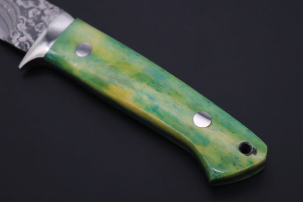 Mr. Itou  IT-470A Drop Point Hunter, 4" R2 Damascus Blade, Green Camelbone Handle