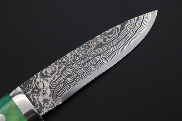 Mr. Itou  IT-470A Drop Point Hunter, 4" R2 Damascus Blade, Green Camelbone Handle