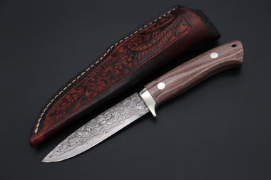Mr. Itou  IT-470B Drop Point Hunter, 4" R-2 Damascus Blade, Brown Camelbone Handle