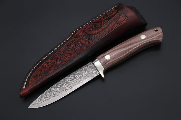 Mr. Itou  IT-470B Drop Point Hunter, 4" R-2 Damascus Blade, Brown Camelbone Handle