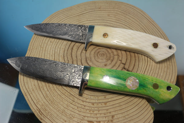 Mr. Itou  IT-480 Drop Point Hunter, 3-3/4" R2 Damascus Blade, Green or White Camelbone Handle
